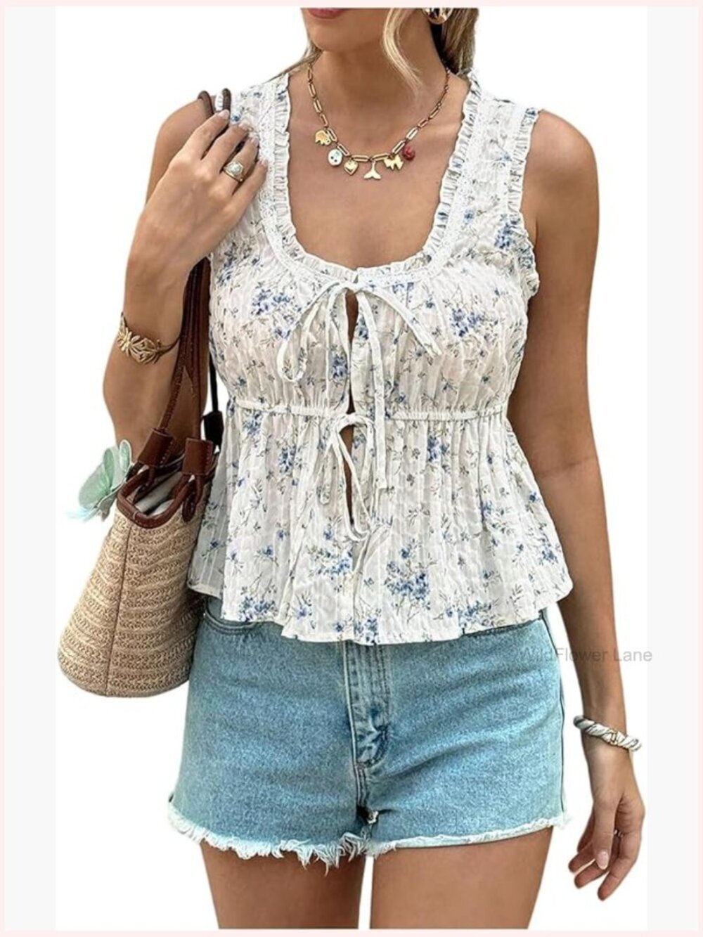 Floral Tie Front Peplum Tank Top Sleeveless Ruffle Blouse Summer Vacation